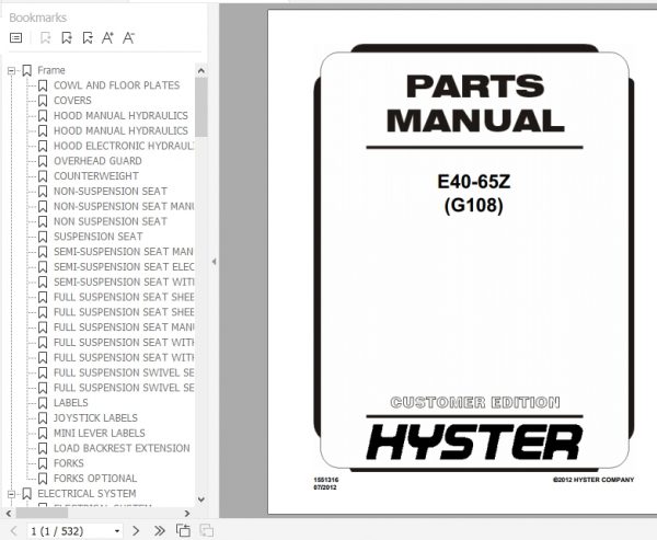 Hyster Electric Motor Rider Trucks G108 E40 65Z Parts Manual 1551316 1
