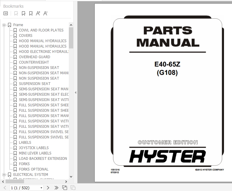 Hyster Electric Motor Rider Trucks G108 E40 65Z Parts Manual 1551316 1
