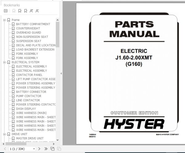 Hyster Electric Motor Rider Trucks G160 J1.60 2.00XMT Europe Parts Manual 1468044 1