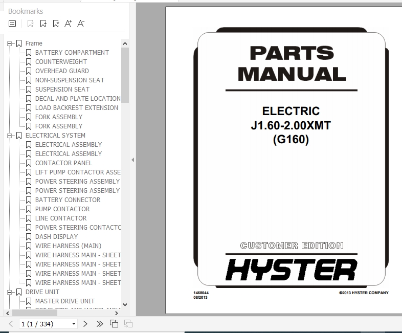 Hyster Electric Motor Rider Trucks G160 J1.60 2.00XMT Europe Parts Manual 1468044 1