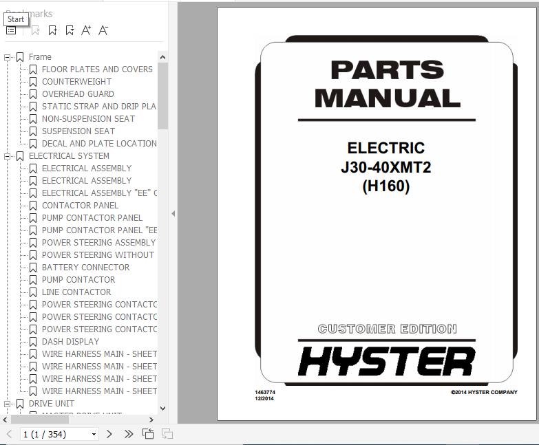 Hyster Electric Motor Rider Trucks H160 J30 40XMT2 Parts Manual 1463774 1