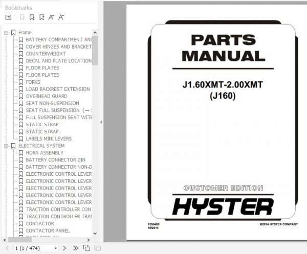 Hyster Electric Motor Rider Trucks J160 J1.60XMT 2.00XMT Europe Parts Manual 1556469 1