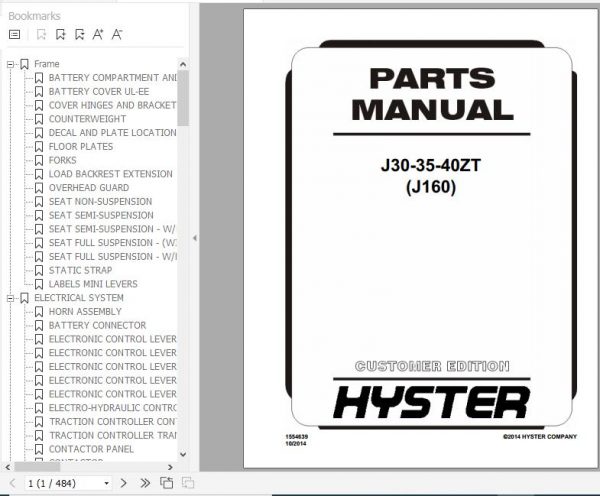 Hyster Electric Motor Rider Trucks J160 J30 35 40ZT Parts Manual 1554639 1