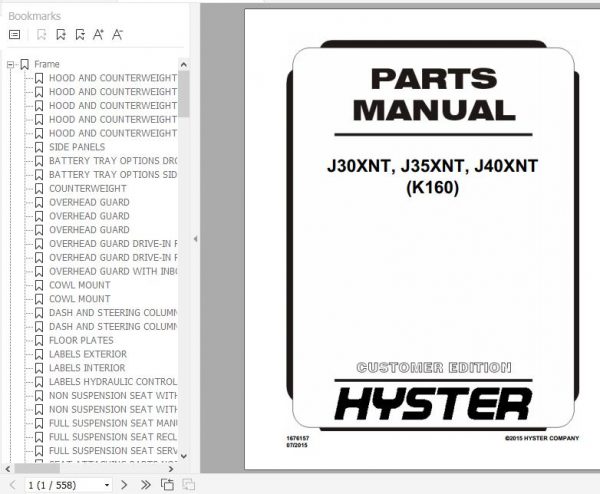 Hyster Electric Motor Rider Trucks K160 J30XNT J35XNT J40XNT Parts Manual 1676157 1