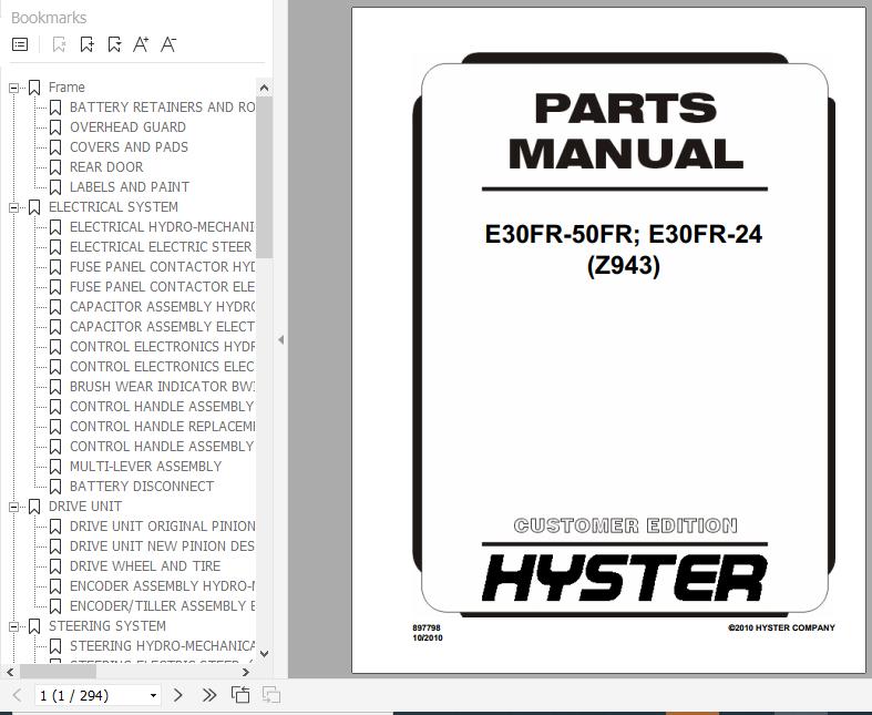 Hyster Electric Motor Rider Trucks Z943 E30FR 50FR E30FR 24 Parts Manual 897798 1
