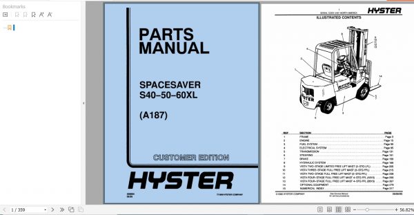 Hyster Forklift A187 S40 50 60XL Parts Manual 599864 1
