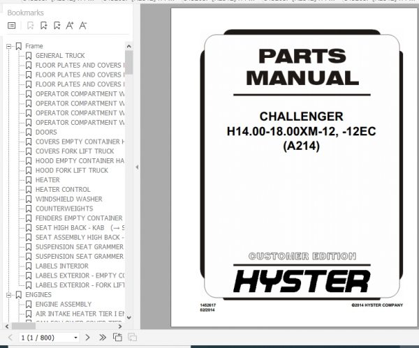 Hyster Forklift Truck A214 H14.00 18.00XM 12 12EC Parts Manual 1452617 2