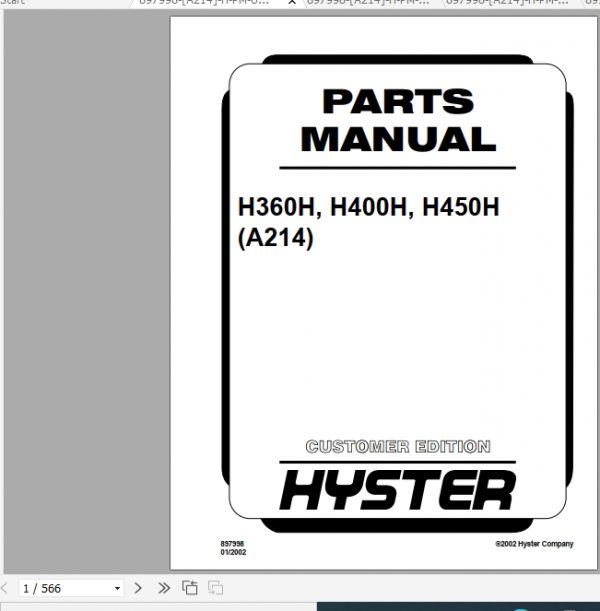 Hyster Forklift Truck A214 H360 400H 450H Parts Manual 3