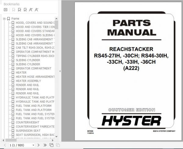 Hyster Forklift Truck A222 RS45 27IH 30CHRS46 30IH 33CH 33IH 36CH Parts Manual 897858 2