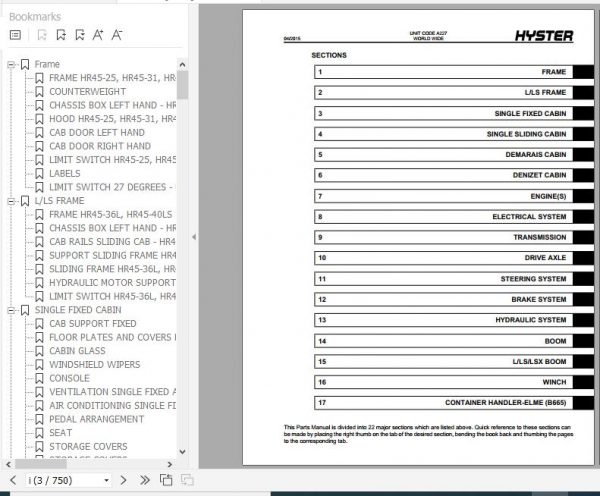 Hyster Forklift Truck A227 HR45 25 31 36L 40LS 40S Parts Manual 1470226 3