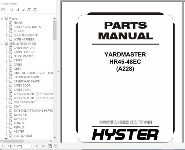 Hyster Forklift Truck A228 HR45 48EC Parts Manual 1472538 1