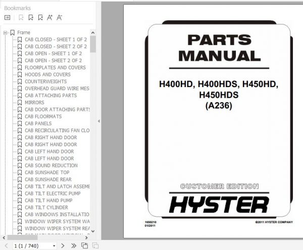 Hyster Forklift Truck A236 H400HD H400HDS H450HD H450HDS Parts Manual 1650210 2