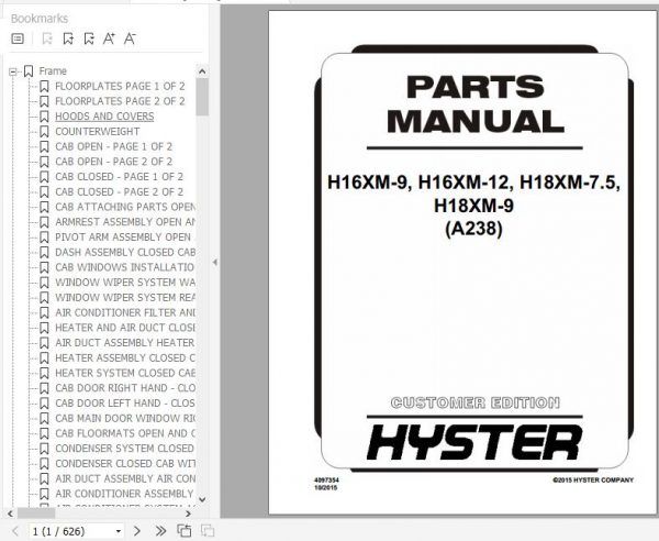 Hyster Forklift Truck A238 H16XM 9 H16XM 12 H18XM 7.5 H18XM 9 Parts Manual 4097354 1