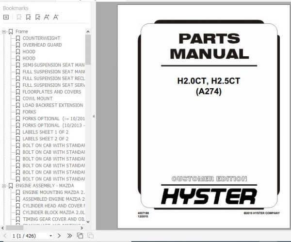 Hyster Forklift Truck A274 H2.0CT H2.5CT Parts Manual 4037188 1