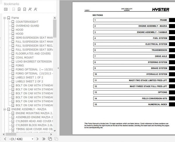 Hyster Forklift Truck A274 H2.0CT H2.5CT Parts Manual 4037188 2