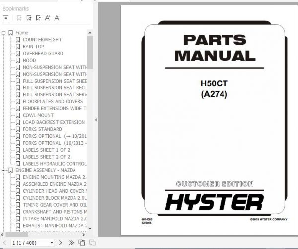 Hyster Forklift Truck A274 H50CT Parts Manual 1