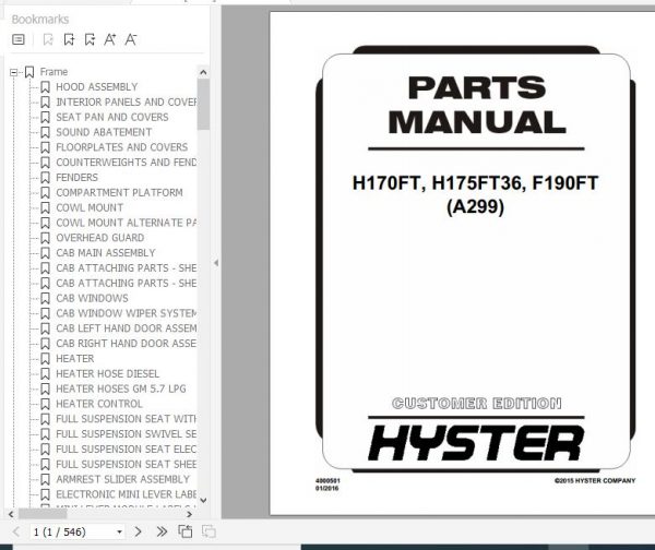 Hyster Forklift Truck A299 H170FT H175FT36 F190FT Parts Manual 4000501 1