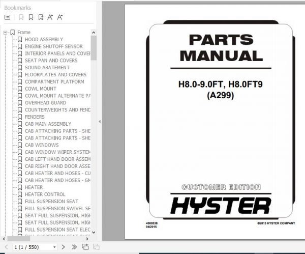 Hyster Forklift Truck A299 H8.0 9.0FT H8.0FT9 Parts Manual 4000538 1