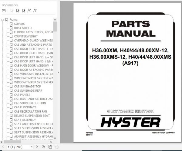 Hyster Forklift Truck A917 H36.00XMH404448.00XM 12H36.00XMS 12H404448.00XMS Europe Parts Manual 1641092 1