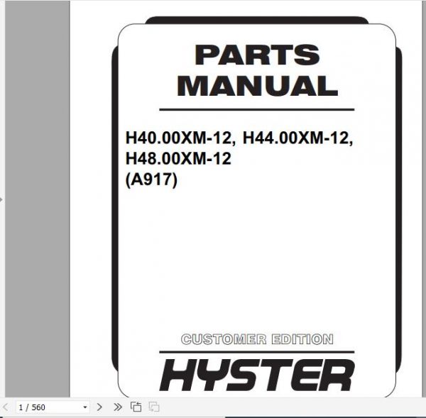 Hyster Forklift Truck A917 H36.00XMH404448.00XM 12H36.00XMS 12H404448.00XMS Europe Parts Manual 1641092 2