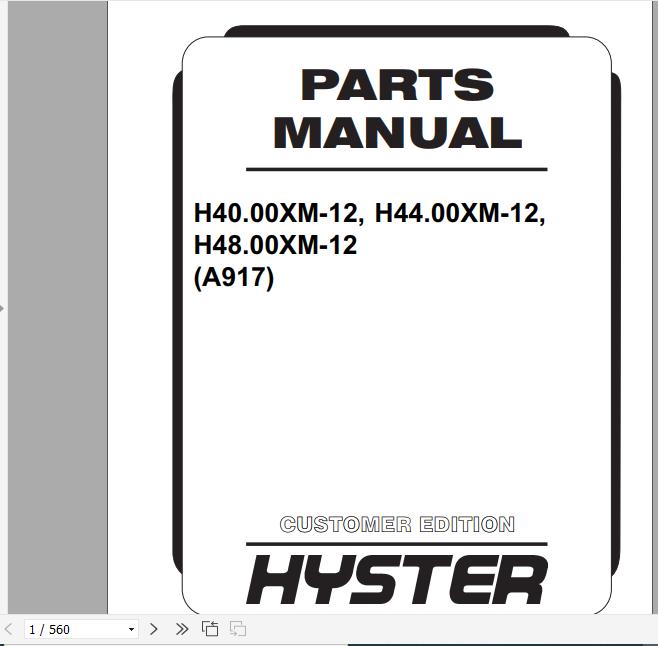 Hyster Forklift Truck A917 H36.00XMH404448.00XM 12H36.00XMS 12H404448.00XMS Europe Parts Manual 1641092 2