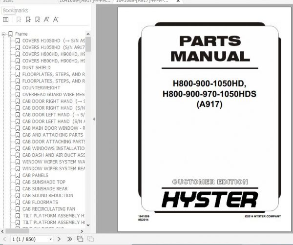 Hyster Forklift Truck A917 H800 900 1050HD H800 900 970 1050HDS Parts Manual 1641089 1