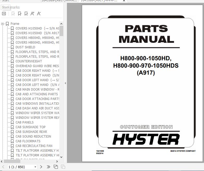 Hyster Forklift Truck A917 H800 900 1050HD H800 900 970 1050HDS Parts Manual 1641089 1