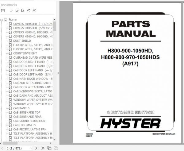 Hyster Forklift Truck A917 H800 900 1050HD H800 900 970 1050HDS Parts Manual 1641089 2