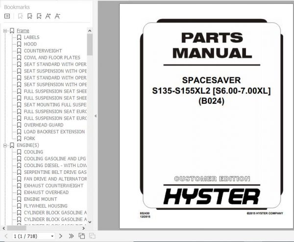 Hyster Forklift Truck B024 S135 S155XL2S6.00 7.00XL Parts Manual 852430 1