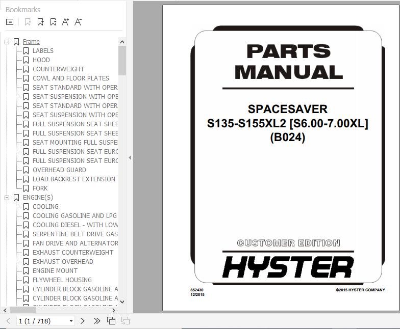 Hyster Forklift Truck B024 S135 S155XL2S6.00 7.00XL Parts Manual 852430 1