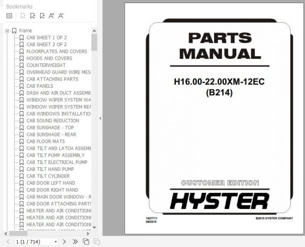Hyster Forklift Truck B214 H16.00 22.00XM 12EC Europe Parts Manual 1627711 1
