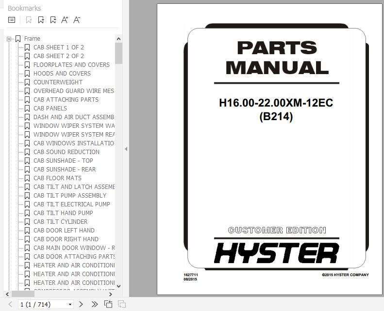 Hyster Forklift Truck B214 H16.00 22.00XM 12EC Europe Parts Manual 1627711 1