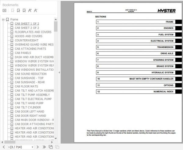 Hyster Forklift Truck B214 H16.00 22.00XM 12EC Europe Parts Manual 1627711 2