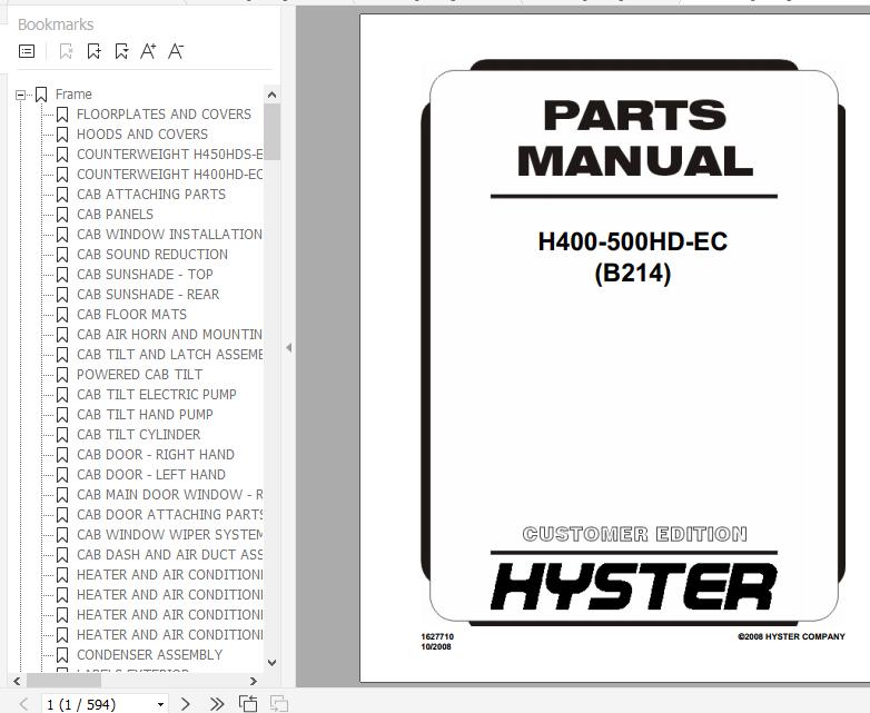 Hyster Forklift Truck B214 H400 500HD EC Parts Manual 1627710 1