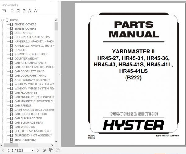 Hyster Forklift Truck B222 HR45 27HR45 31HR45 36HR45 40HR45 41SHR45 41LHR45 41LS Parts Manual 1629342 1