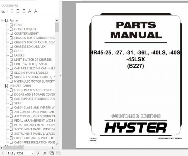 Hyster Forklift Truck B227 HR45 25 27 31 36L 40LS 40S 45LSX Parts Manual 1553462 1 1