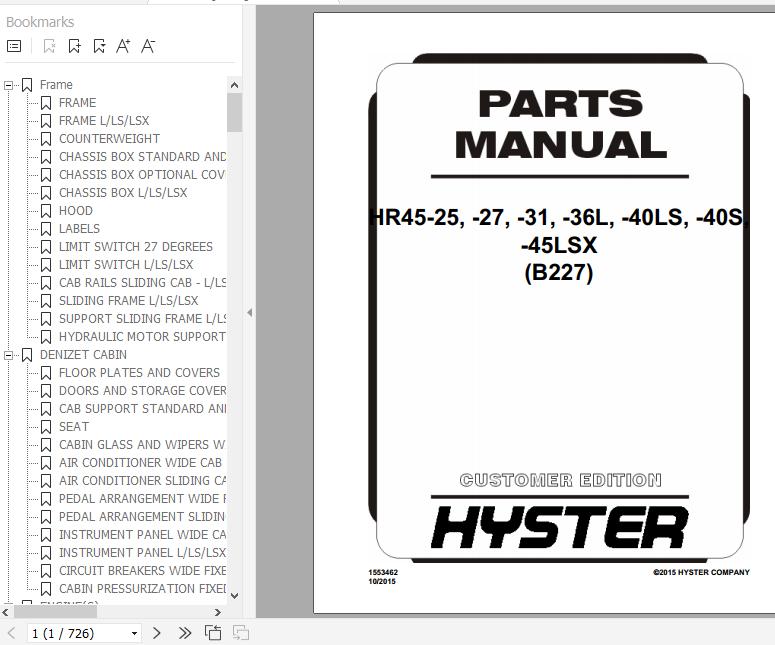 Hyster Forklift Truck B227 HR45 25 27 31 36L 40LS 40S 45LSX Parts Manual 1553462 1 1