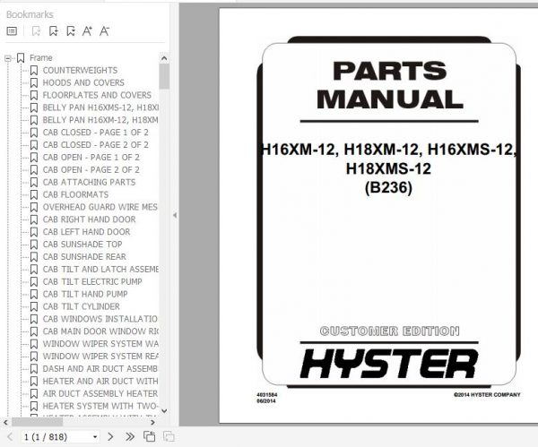 Hyster Forklift Truck B236 H16XM 12 H18XM 12 H16XMS 12 H18XMS 12 Europe Parts Manual 4031584 1