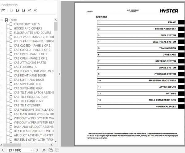 Hyster Forklift Truck B236 H16XM 12 H18XM 12 H16XMS 12 H18XMS 12 Europe Parts Manual 4031584 2