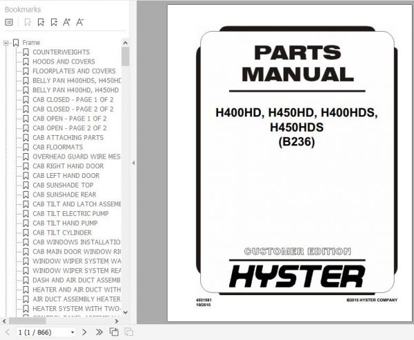 Hyster Forklift Truck B236 H400HD H450HD H400HDS H450HDS Parts Manual 4031581 1