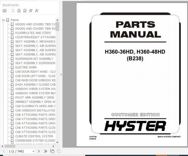 Hyster Forklift Truck B238 H360 36HD H360 48HD Parts Manual 4147749 1