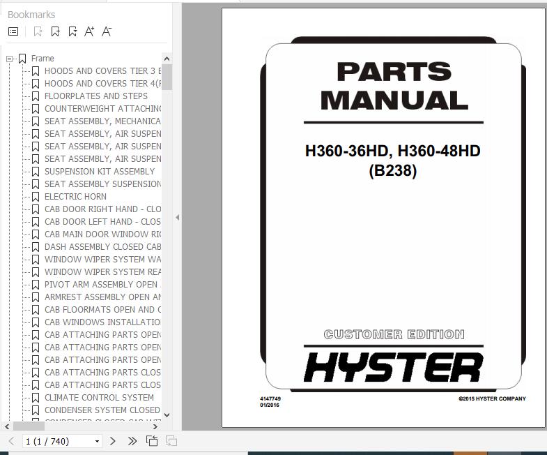 Hyster Forklift Truck B238 H360 36HD H360 48HD Parts Manual 4147749 1