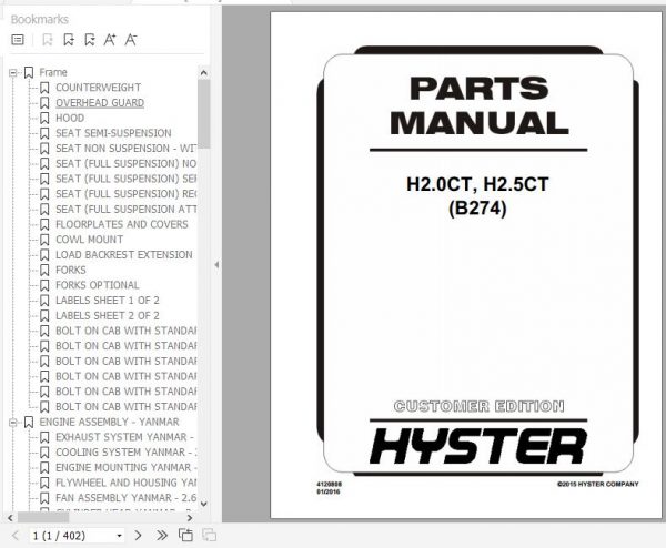 Hyster Forklift Truck B274 H2.0CT H2.5CT Europe Parts Manual 4120808 1