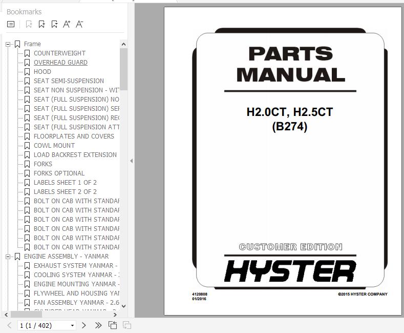 Hyster Forklift Truck B274 H2.0CT H2.5CT Europe Parts Manual 4120808 1
