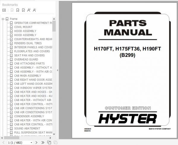 Hyster Forklift Truck B299 H170FT H175FT36 H190FT Parts Manual 4053645 1