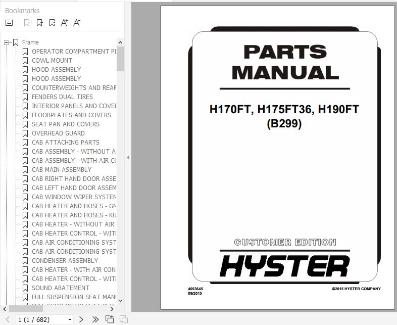 Hyster Forklift Truck B299 H170FT H175FT36 H190FT Parts Manual 4053645 1