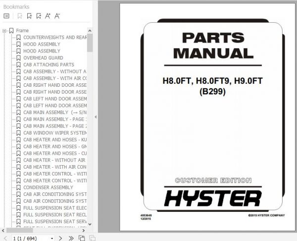 Hyster Forklift Truck B299 H8.0FT H8.0FT9 H9.0FT Europe Parts Manual 4053648 1