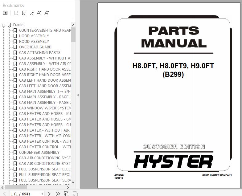 Hyster Forklift Truck B299 H8.0FT H8.0FT9 H9.0FT Europe Parts Manual 4053648 1