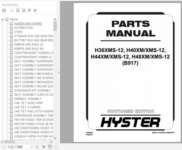 Hyster Forklift Truck B917 H36XMS 12H40XMXMS 12H44XMXMS 12H48XMXMS 12 Europe Parts Manual 4046822 1
