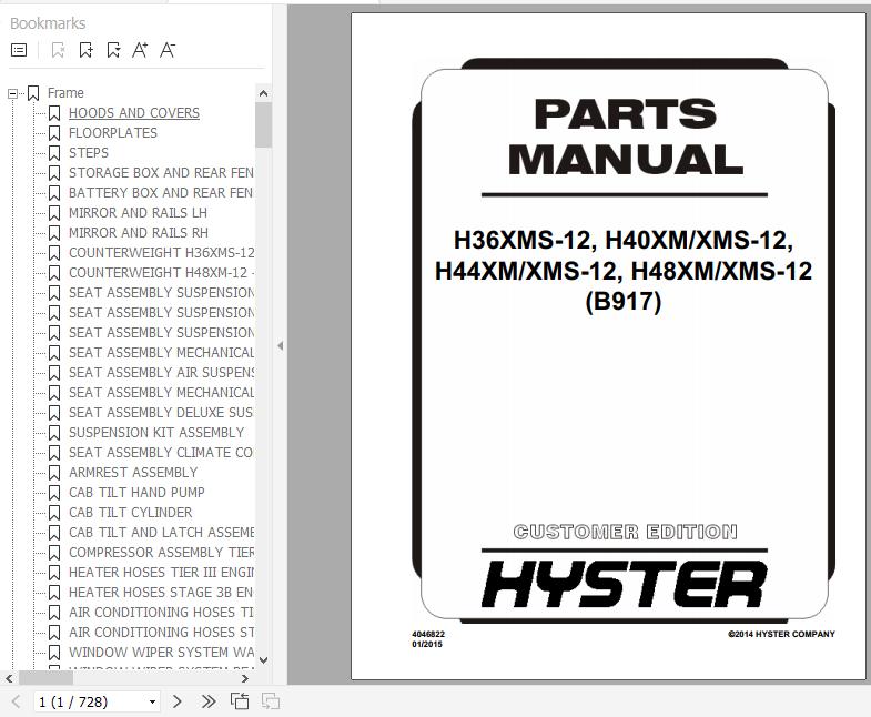 Hyster Forklift Truck B917 H36XMS 12H40XMXMS 12H44XMXMS 12H48XMXMS 12 Europe Parts Manual 4046822 1